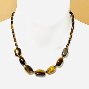 Rustic Tiger's Eye Beaded Necklace, Genuine Yellow Brown Tumbled Gemstone